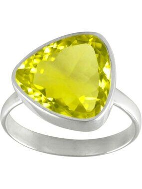Natural-faceted Lemon Quartz Gemstone Ring Trillion Shape Silver Faceted Ring